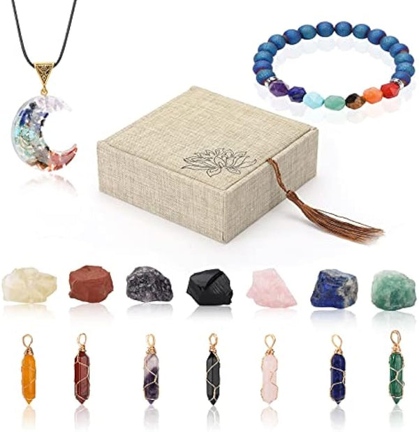 Healing Crystals Gift Set with Chakra Stones, Lava Bracelet & Moon Pendant Necklace