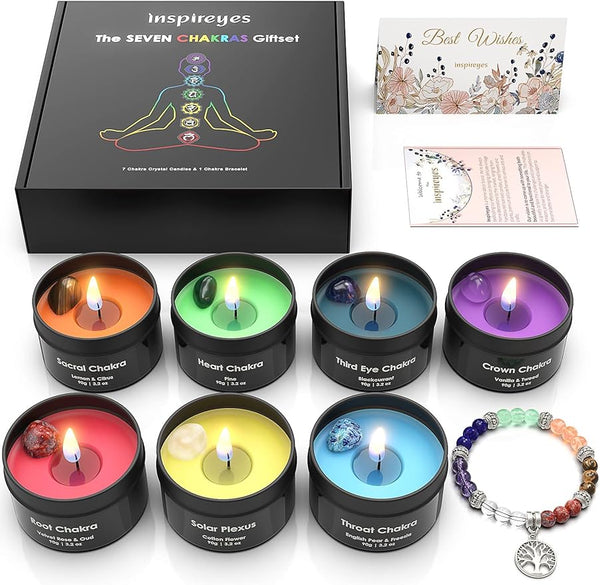 Chakra Healing Scented Candles with Crystals - Luxury Meditation Gift Set