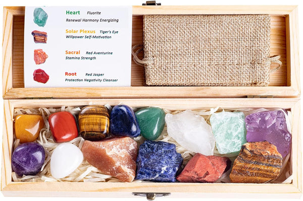 17 pcs Healing Stones and Crystals Kit with Chakra Stones in Wooden Box + Guide