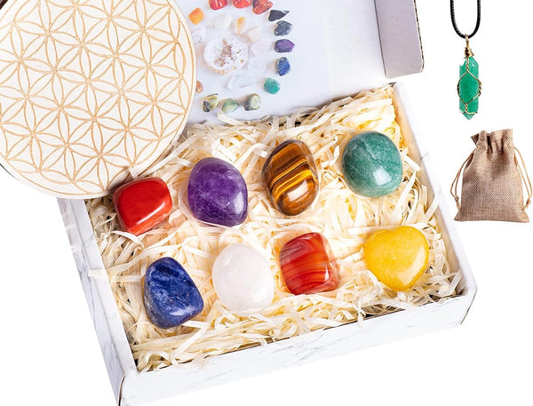 Complete Healing Crystal Set with Chakra Stones, Necklace & Wooden Grid for Beginners