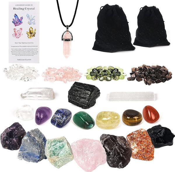 Healing Stones with 7 Chakra Set - 23Pcs Crystals, Tourmaline & Selenite + Guide