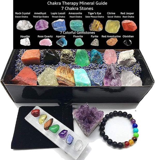 Chakra Therapy Plus 24 pcs Healing Crystals Kit with Stones, Bracelet, Plate & Guide