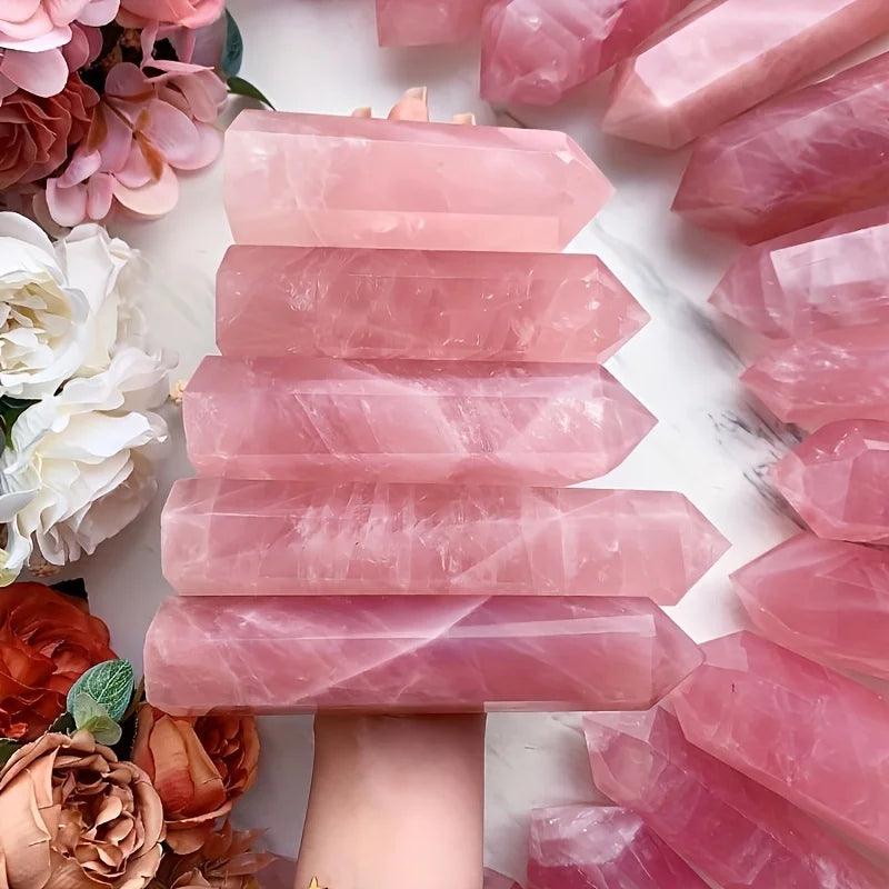 MLD Wholesale Crystals wholesale rose quartz tower polished pink towers stacked and held in hand with flowers