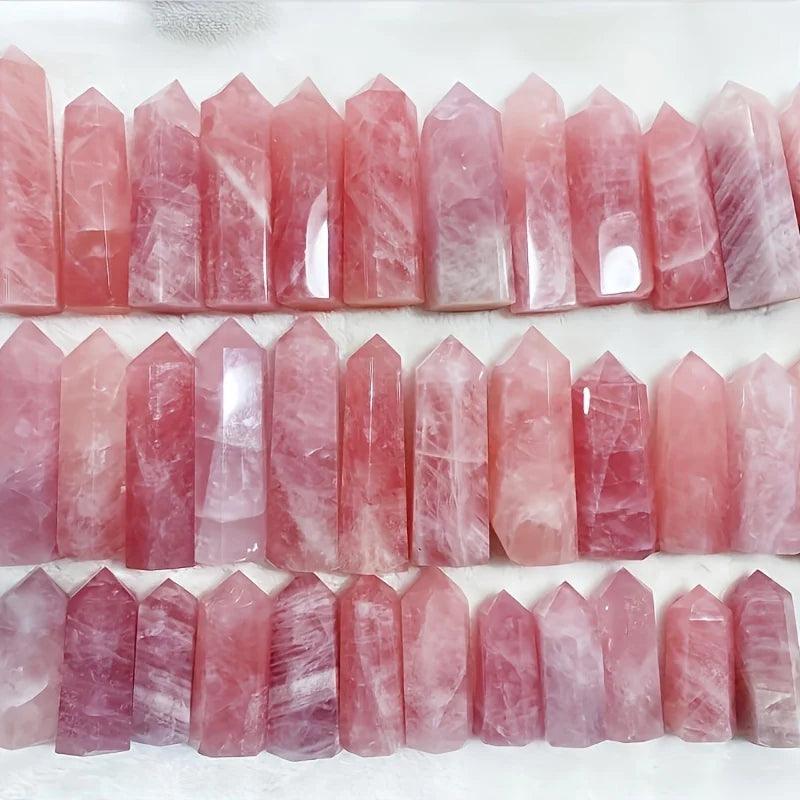 MLD Wholesale Crystals polished wholesale rose quartz tower obelisks arranged in rows pink