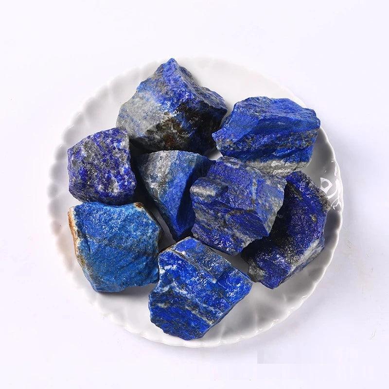 MLD Wholesale Crystals plate of raw deep blue lapis stones listing labeled wholesale rose quartz raw stones