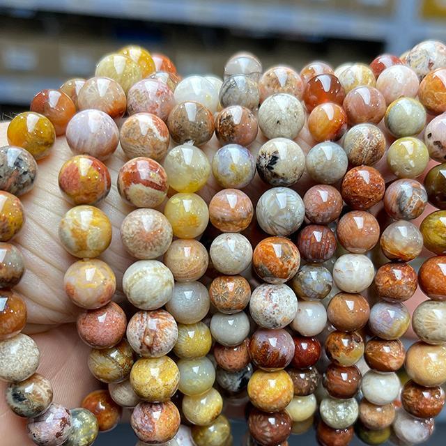 Polished round coral jade bracelet wholesale strands in warm orange yellow and cream tones held in hand